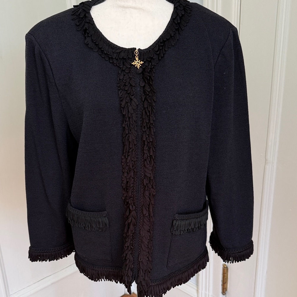 Elegant St John Black Cardigan with Fringe Details